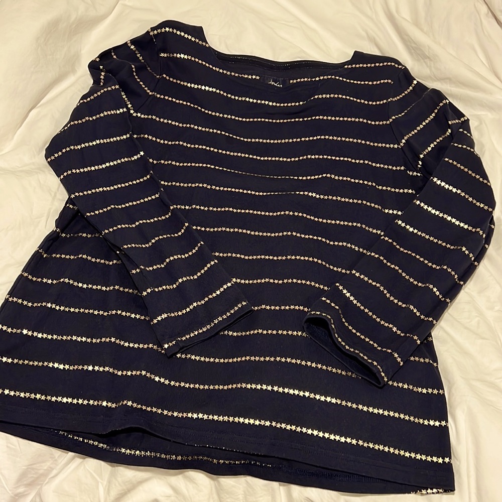 Joules Harbour print navy long sleeve top with gold star stripes